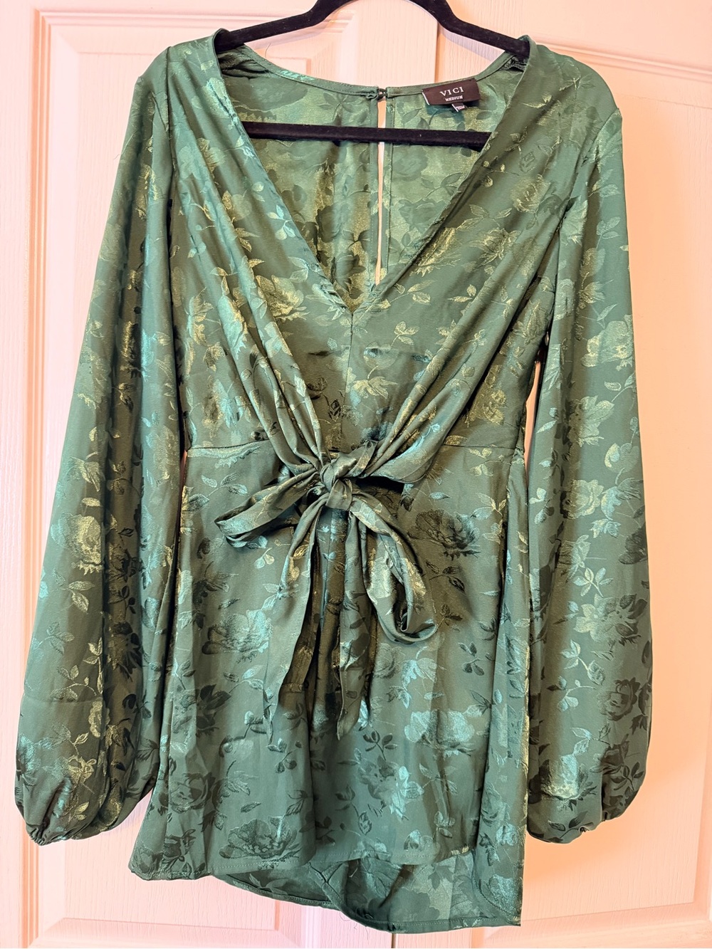 VICI Emerald Green Floral Satin Tie-Front Blouse